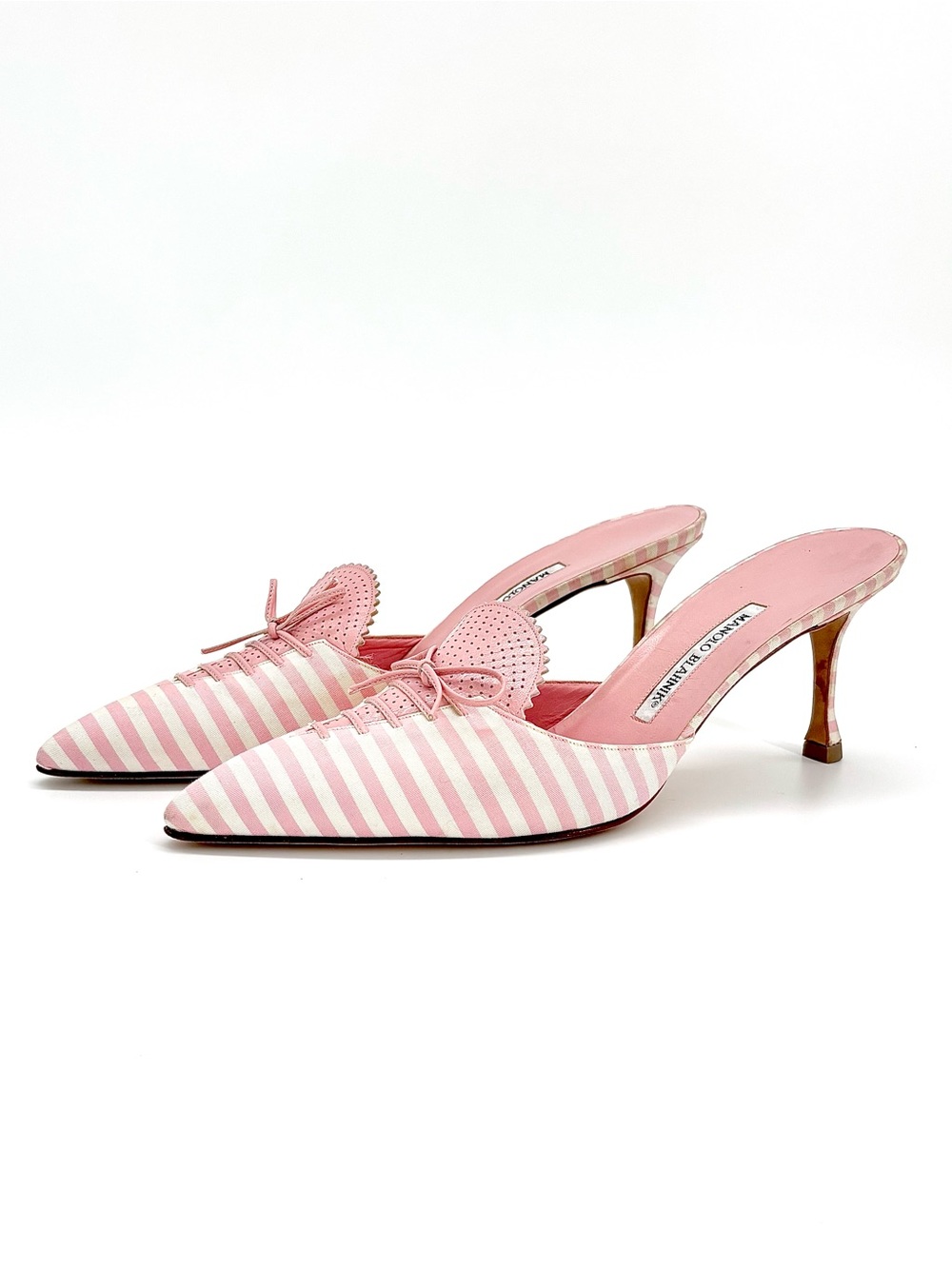 Vintage Manolo Blahnik Pink Striped Bow Lace Up Pointed Toe Mules Pumps 42